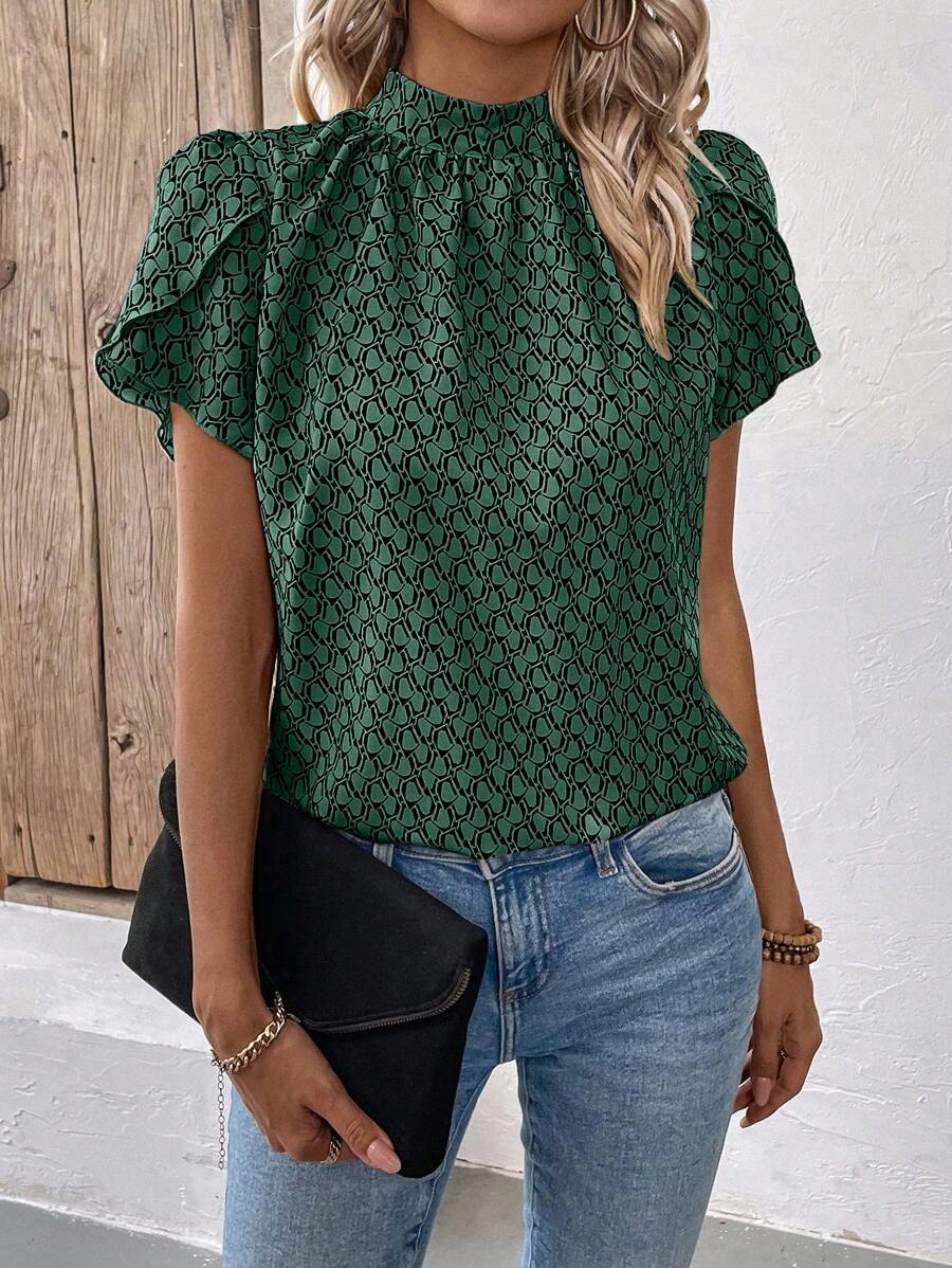 EMERY ROSE Women Casual Short Sleeve Shirt With Mid-Neck For Everyday Spring And Summer Outfits - Dark Green - View 1