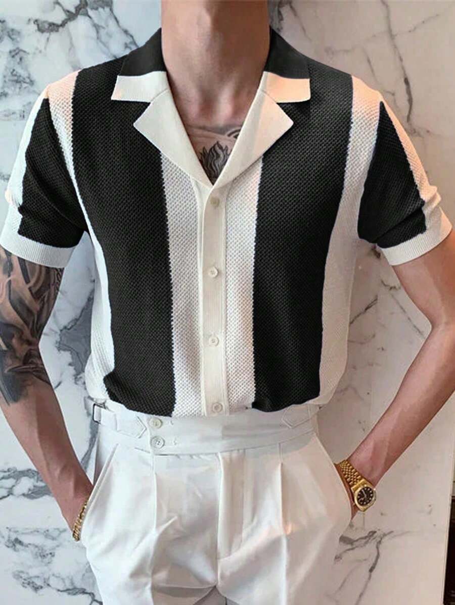 Men Color Block Lapel Collar Knit Crochet Top - Black and White - View 1