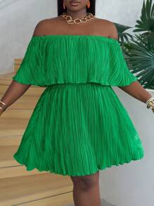 Slaydiva 大码露肩荷叶边领口宽松绿色褶皱面料连衣裙