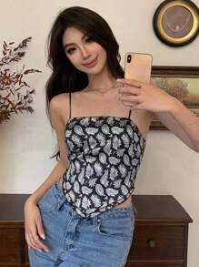 DAZY Top camisero asimétrico de verano con estampado completo para vacaciones, blusas bohemias