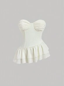 SHEIN MOD 夏季浪漫杏色露肩上衣，荷叶边下摆不对称下摆 - 杏色 - 查看 1