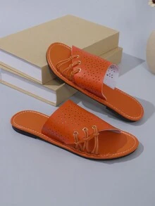 欧美女士平底拖鞋夏季新款镂空露趾大码凉鞋 - 橘色 - 查看 5