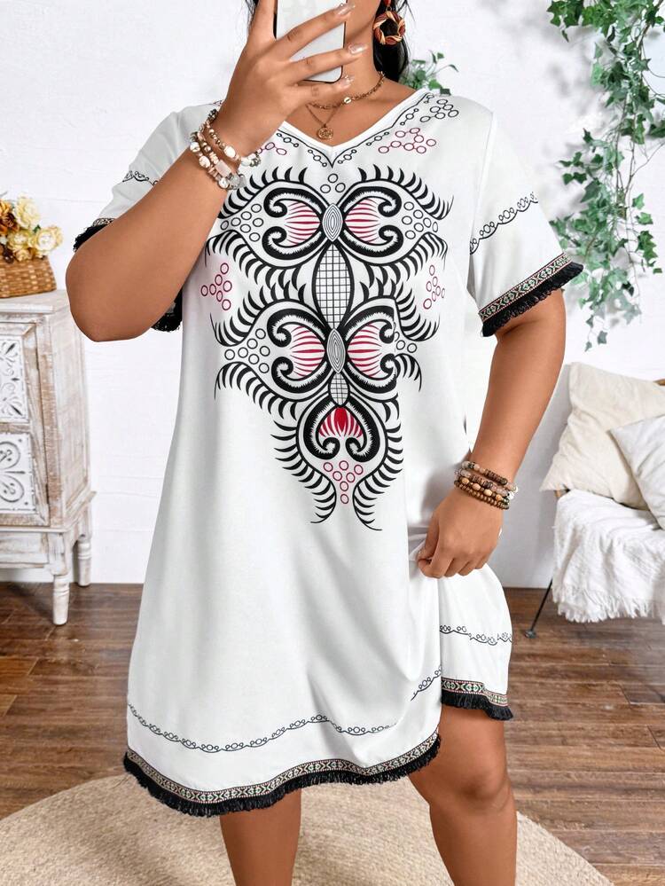 Plus Size Holiday Leisure Printed A-Line Loose Short Sleeve Dress