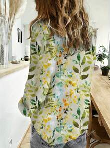 Vintage Botanical Print Casual Shirt, Minimalist Button-Front Long Sleeve Shirt, Women