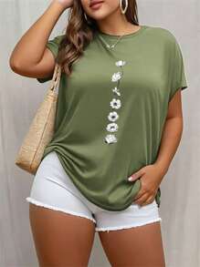 Calvaya Plus Size Solid Color Floral Print Round Neck T-Shirt Women Graphic Tee Top For Summer