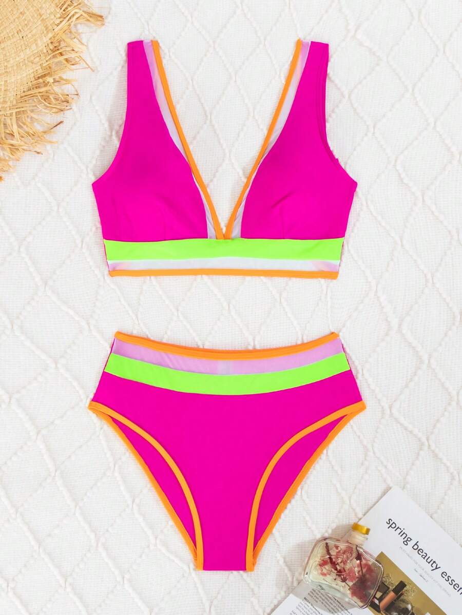 SHEIN Swim 女士彩色拼接網眼二件式霓虹色比基尼套裝，適用於夏季海灘度假 - 彩色 - 查看 1