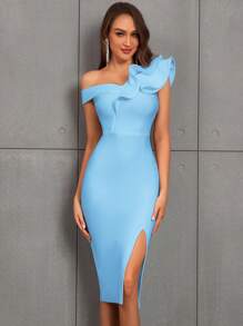 Ruffle Trim Slit Fitted Bodycon Dress, Suitable For Elegant Galas, Semi-Formal Wedding Guests, As Well As Birthday, Graduation, Gala Dinner, Homecoming And Other Occasions Spring Party - Baby Blue - View 3