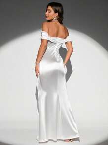 SHEIN Belle Váy phù dâu trễ vai xẻ đùi bằng vải satin màu trắng thanh lịch trang trọng cho tiệc tối dự tiệc cưới, trang phục dự tiệc tốt nghiệp, tiệc tối cho tiệc ngày lễ - trắng - Xem 2