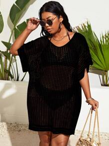 Swim Vcay Váy len hở lưng đi biển cỡ lớn màu trơn mùa hè - màu đen - Xem 3