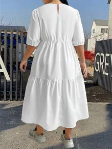 Flirla Plus Round Neck Short Sleeve Elastic Waist Water Drop Patchwork Dress - White - View 2