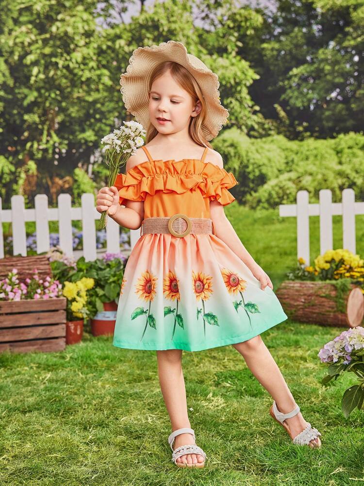 Young Girls' Spring/Autumn Sweet & Cute Vacation Sunflower Printed Off-Shoulder Dress