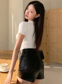 DAZY 女士夏季休閒純色打結肩帶短袖T恤 - 白色 - 查看 5