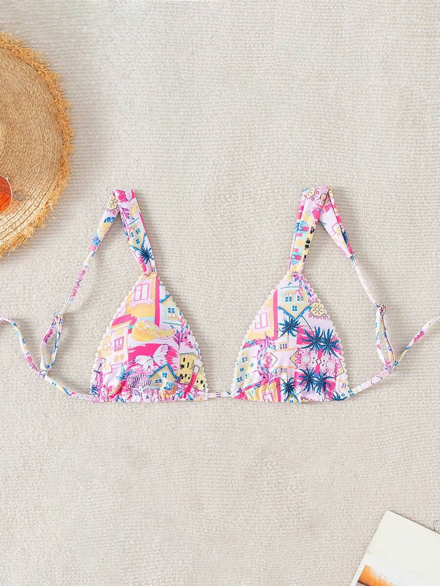 Swim Mod 女士夏季海灘熱帶椰樹和蝴蝶印花比基尼上衣，適用於度假 - 粉色 - 查看 1