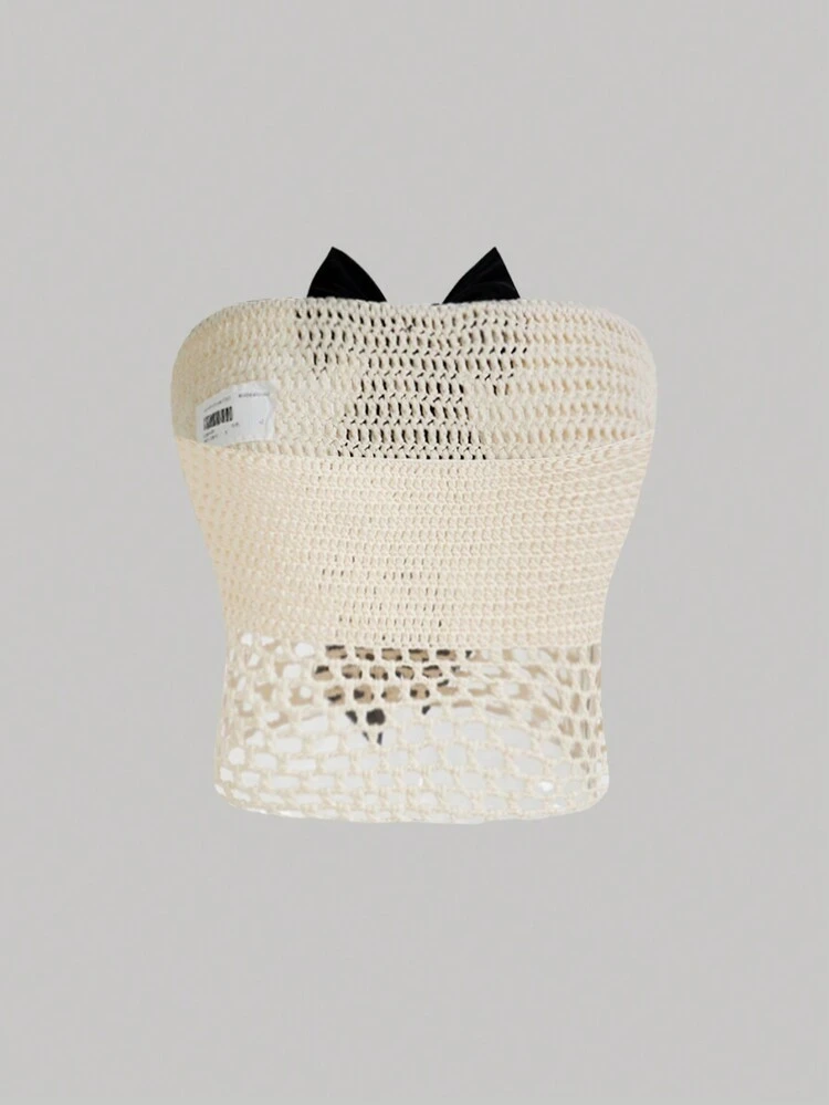 Women Casual Crochet Strapless Top With Bowknot Decoration And Knit Material