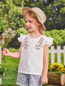 SHEIN Young Girl Floral Embroidery Ruffle Trim Blouse - White - View 3
