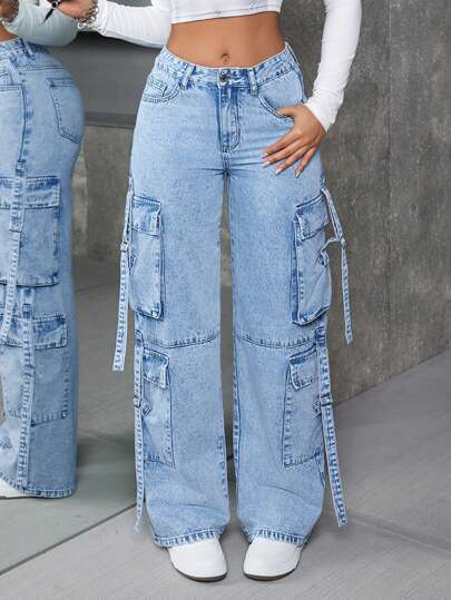 SHEIN ICON Washed Denim Pants With Utility Pockets And Straight-Leg Design, Versatile Style