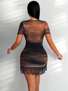 Eryvara Summer Women Tie Dyeing Print Overlapping V-Neck Short Sleeve Ruffled Hem Bodycon Elegant Dress - Multicolor - View 2