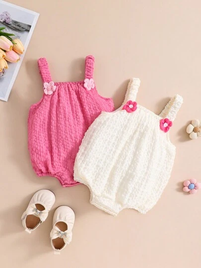 SHEIN Playful Pals Baby Girl 2pcs Casual And Elegant Adorable Interesting 3D Flower Woven Tag Sleeveless Bodysuit For Spring/Summer