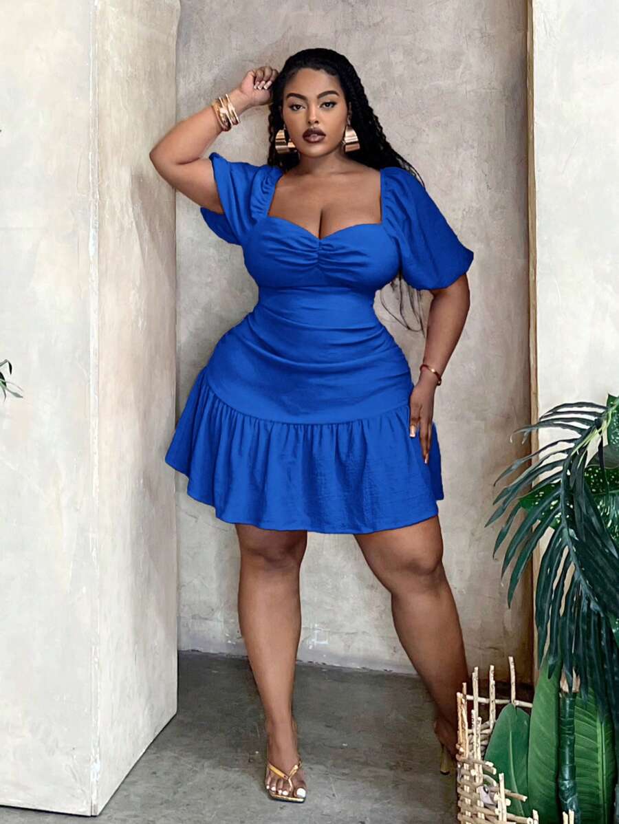 Slaydiva Đầm mùa hè vừa vặn thanh lịch cỡ lớn với phần eo xếp nếp và nếp gấp đẹp màu đỏ hồng - Xanh đậm - Xem 1