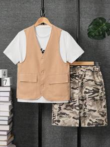 Teen Boy Summer Casual Set - Letter Printed Round Neck Short Sleeve T-Shirt With Buttoned Vest And Camouflage Shorts - Khaki - View 3