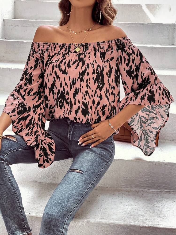 Leisure Holiday Full Printed Off Shoulder Ruffled Sleeve Shirt
