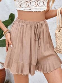 SHEIN VCAY Short de lino tejido sólido con dobladillo con volantes para vacaciones - Caqui - Ver 3