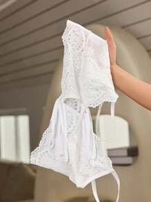 Ladies" Summer Solid Color Lace Spaghetti Strap See-Through Ruffle Hem Shorts Pajamas Set - Multicolor - View 7