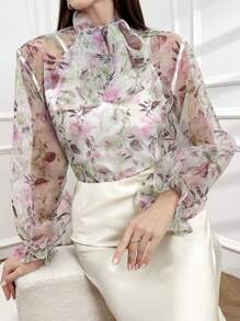 Modelyn Áo sơ mi nữ có dây buộc cổ in hoa thanh lịch cho mùa xuân hè - Hồng - Xem 4