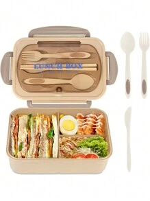 1 hộp đựng cơm trưa 42oz, hộp nhựa đựng đồ ăn trưa đến trường kèm nĩa, thìa và đũa, hộp đựng cho học sinh, người lớn nam nữ có 4 ngăn, hộp đựng đồ ăn trưa đựng dụng cụ, lọ đựng nước sốt, giấy lót bánh nướng xốp, dùng được trong lò vi sóng và máy rửa chén, màu nâu, trở lại trường học, lễ hội, sinh nhật và giáng sinh làm quà tặng ngày lễ, hộp đựng cơm trưa tốt cho trường học, văn phòng, ngoài trời, du lịch - Màu be - Xem 1
