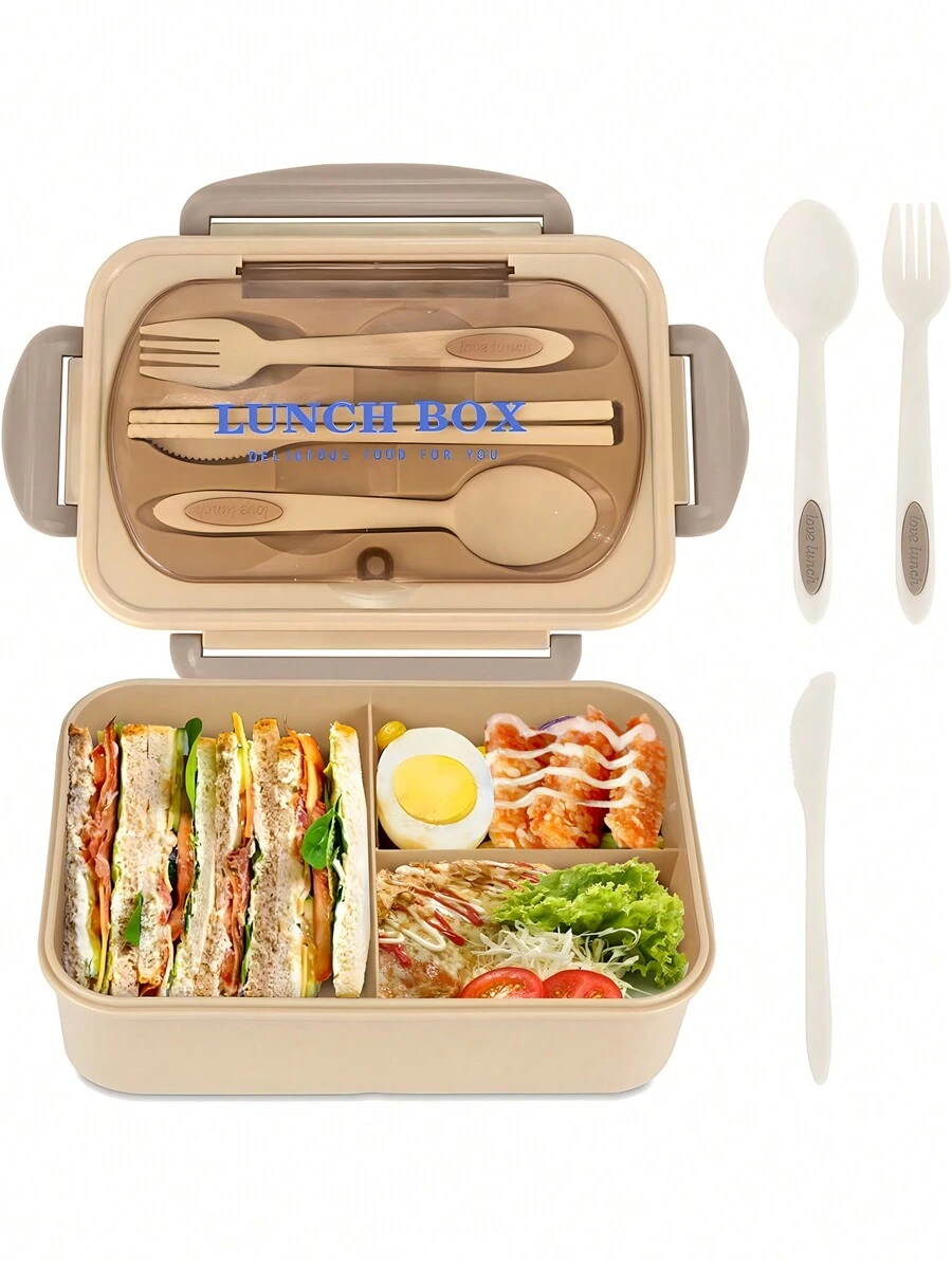 1 hộp đựng cơm trưa 42oz, hộp nhựa đựng đồ ăn trưa đến trường kèm nĩa, thìa và đũa, hộp đựng cho học sinh, người lớn nam nữ có 4 ngăn, hộp đựng đồ ăn trưa đựng dụng cụ, lọ đựng nước sốt, giấy lót bánh nướng xốp, dùng được trong lò vi sóng và máy rửa chén, màu nâu, trở lại trường học, lễ hội, sinh nhật và giáng sinh làm quà tặng ngày lễ, hộp đựng cơm trưa tốt cho trường học, văn phòng, ngoài trời, du lịch - Màu be - Xem 1
