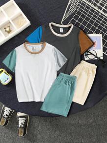 Conjunto de 4 piezas para niño preadolescente con bloque de color casual, camiseta de manga corta y shorts para verano