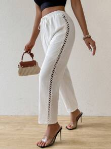 SHEIN Essnce 休閒女士寬鬆蕾絲側邊及口袋裝飾白色套裝白褲白麻褲女裝夏季褲