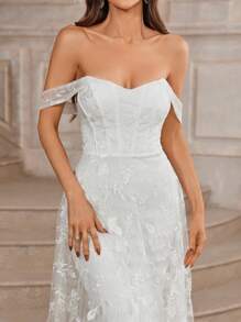 SHEIN Belle 浪漫优雅的白色刺绣网布和针织弹力面料露肩双层提花面料垂袖美人鱼婚纱新娘礼服 - 白色 - 查看 7