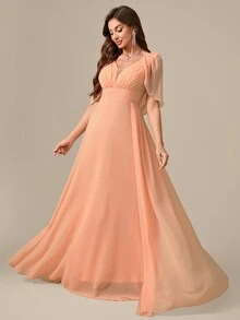 V-Neckline Elegant Maxi Dress With Cinched Waist And Back Drapery, Bridesmaid Dress - Orange - View 3