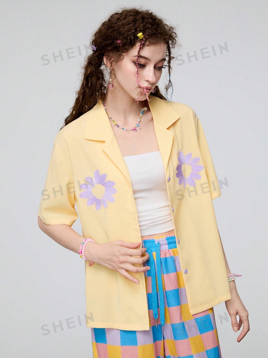 Damen Blumen-Hemd Mit Gänseblümchen - Langärmelige Bluse Mit Schmetterlings-Motiv