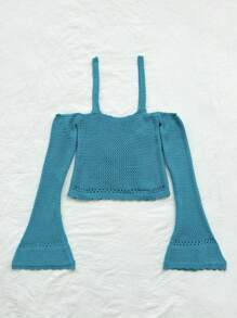 Soleia Vacation Open Shoulder Flared Sleeve Sweater With Spaghetti Straps - Blue - View 2