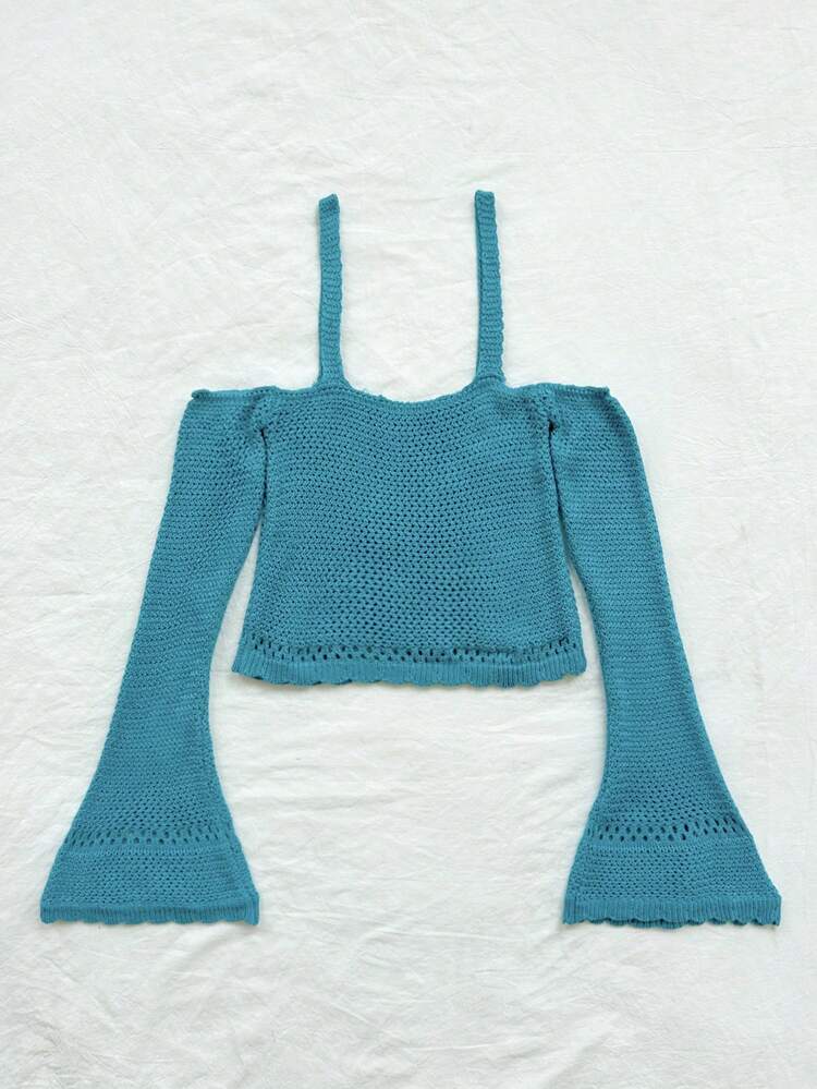Vacation Open Shoulder Flared Sleeve Sweater With Spaghetti Straps