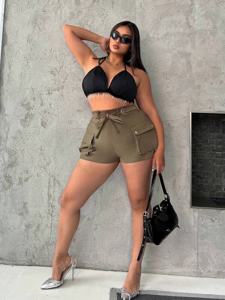Plus Size Solid Color Cargo Shorts
