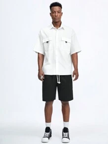 Manfinity NXTstreet Men Casual Daily Wear Spring & Summer Short-Sleeved Shirt And Drawstring Shorts Set - Black and White - View 3