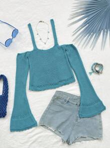 Soleia Vacation Open Shoulder Flared Sleeve Sweater With Spaghetti Straps - Blue - View 1