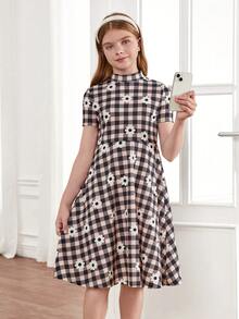SHEIN Váy Tween Girl cổ đứng đơn giản Gingham Váy ngắn tay dài vừa phải - Màu Khaki - Xem 3