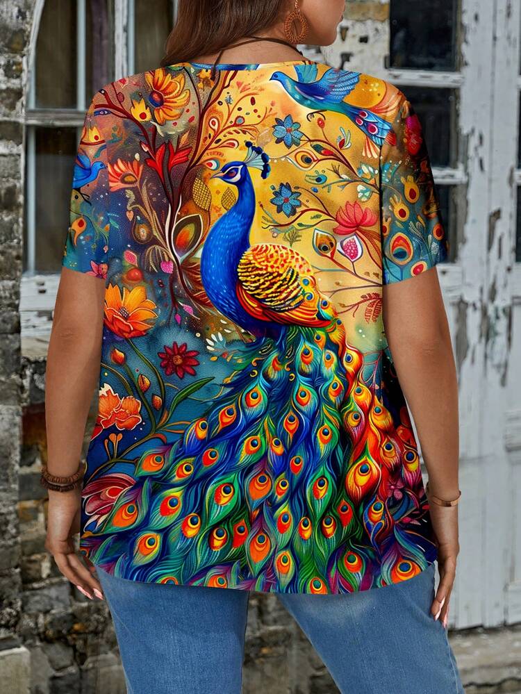 Summer Casual Retro Peacock Pattern Printed Short Sleeve Jumpsuit Plus Size Women's T-Shirt,Flower/Vacation/Spring