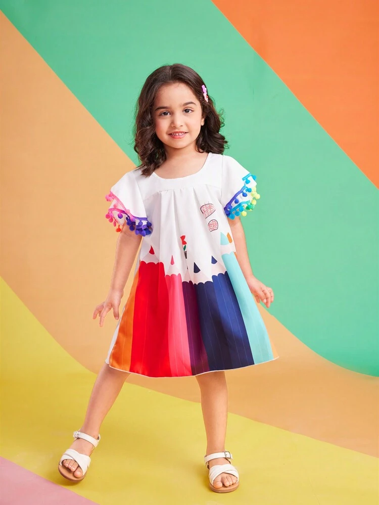 Young Girl Warm Vacation Rainbow Brush Printed Smocked Collar Flutter Sleeves Car & Rainbow Ball & Tassel Decorated Casual Dress For Summer