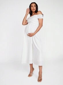SHEIN Maternity Off-Shoulder Bandeau Bodycon Midi Dress For Island Vacation - White - View 4