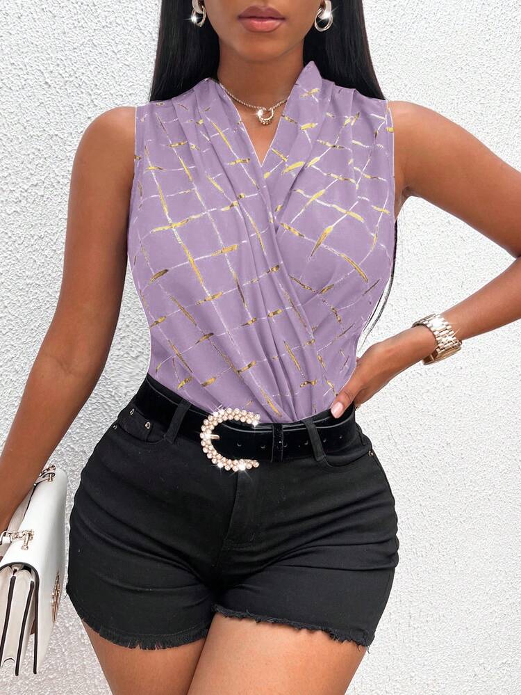 Sleeveless V Neck Casual Daily Wear Spring/Summer Shirt (Random Printed)