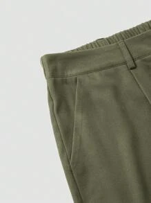 Plus Size Women's Loose Casual Seam Front Solid Color Wide Leg Pants - Army Green - View 4