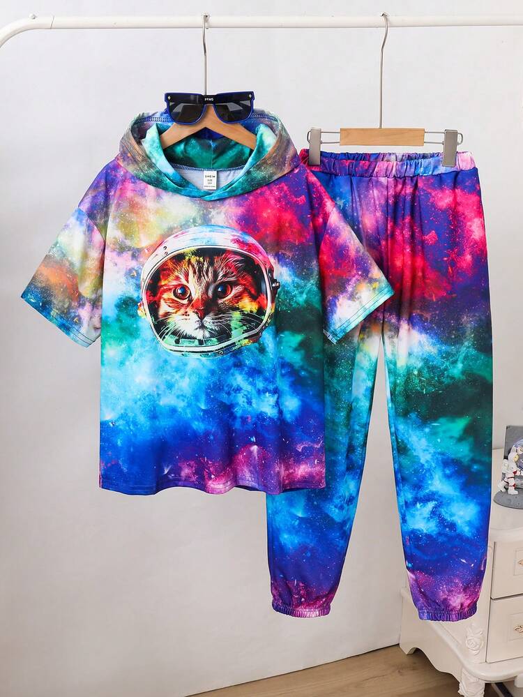 Boys' Casual Cat Animal & Holographic Print Hooded Short Sleeve Top And Pants Knit Two Piece Set