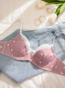 PetitDoll Women Heart-Shaped Print Color Block Bra, Kawaii