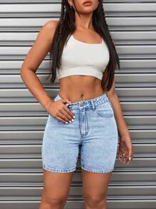 SHEIN ICON Low-Waisted Water Washed Straight Denim Shorts - Light Wash - View 3