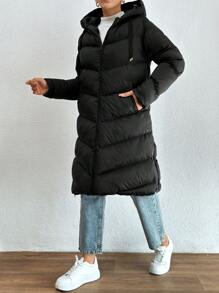 SHEIN Tall Tall  Solid Color Drawstring Hooded Zipper Decor Casual Padded Jacket - Black - View 4